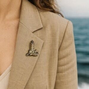 Vintage Gold Bronze Tone Lighthouse Sailboat Brooch Nautical Maritime Pin